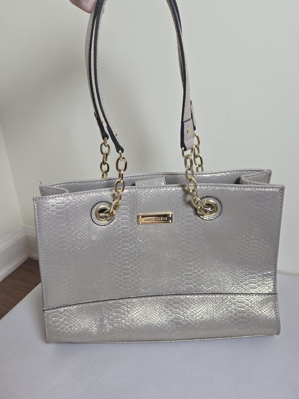 Anne Klein Silver Metallic Snakeskin Textured Tote with Gold Chain Handles